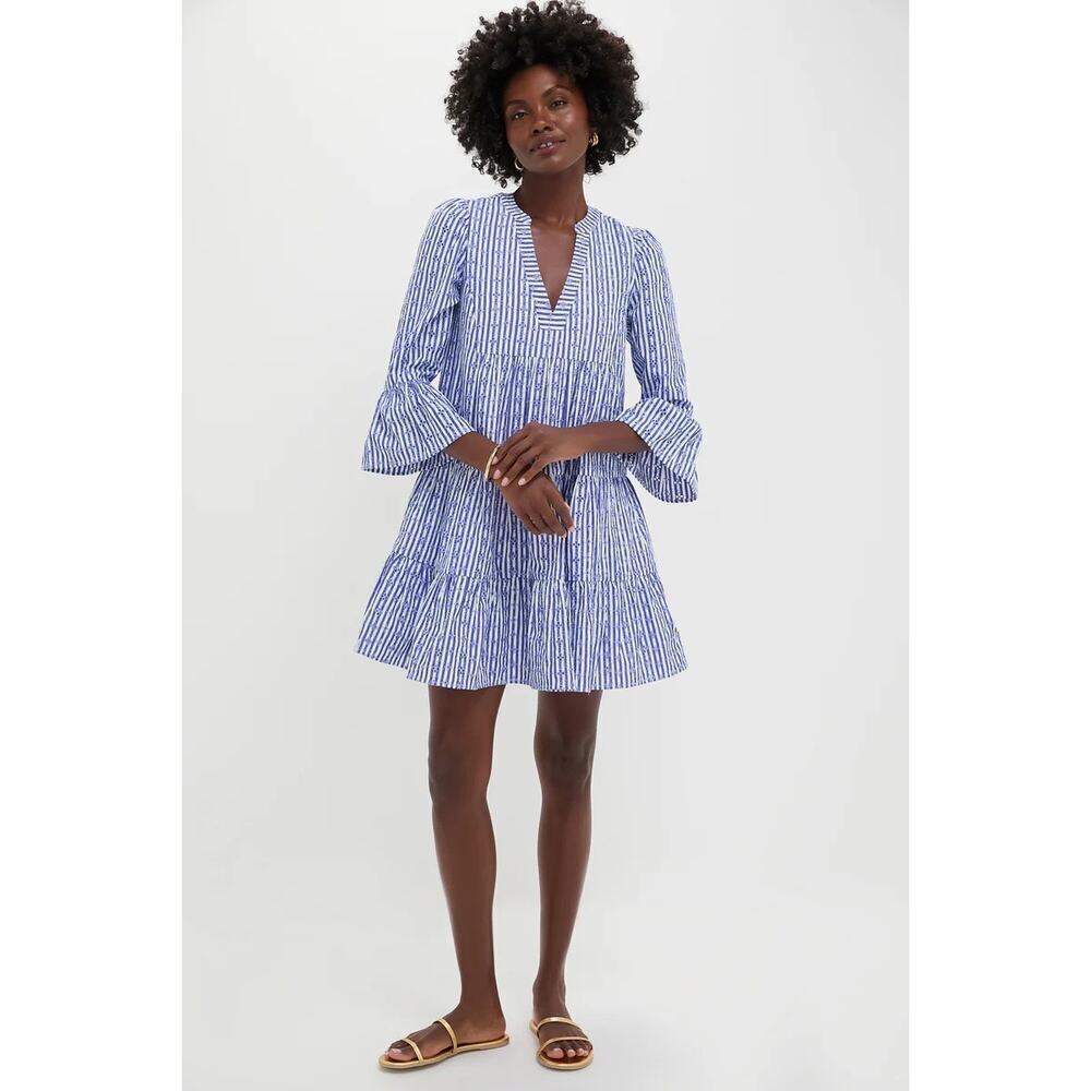 POMANDER PLACE Blue Stripe Floral Embroidered Lanie Dress S - NWT